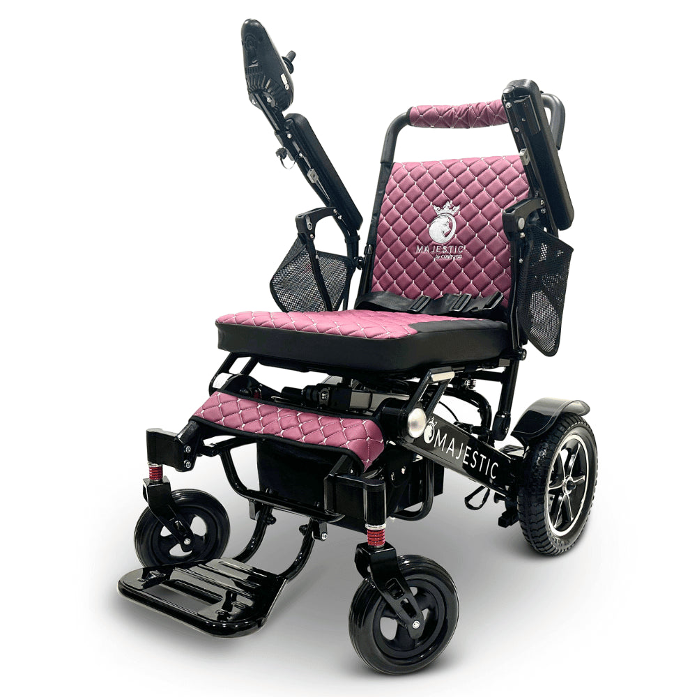 Purple Color Black Frame ComfyGO Majestic IQ-7000 Remote Controlled Electric Wheelchair - Angled View - Auto Folding