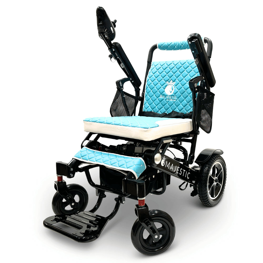 Teal Color Black Frame ComfyGO Majestic IQ-7000 Remote Controlled Electric Wheelchair - Angled View - Auto Folding