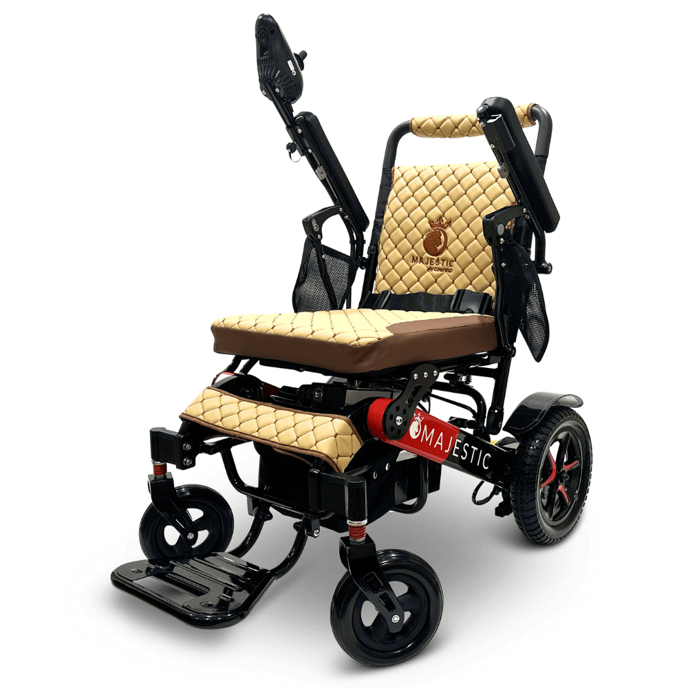 Coffee Color Black & Red Frame ComfyGO Majestic IQ-7000 Remote Controlled Electric Wheelchair - Angled View - Auto Folding