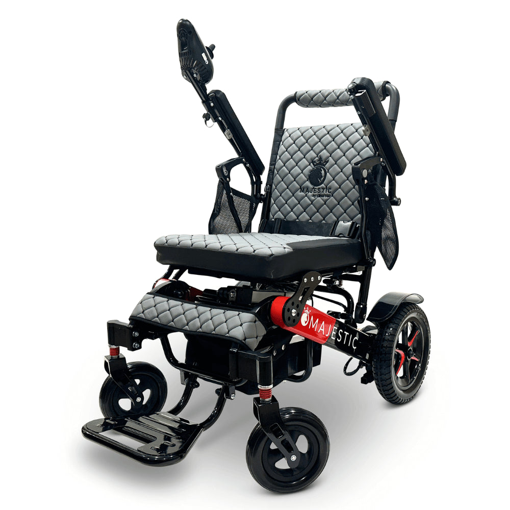 Gray Color Black & Red Frame ComfyGO Majestic IQ-7000 Remote Controlled Electric Wheelchair - Angled View - Auto Folding