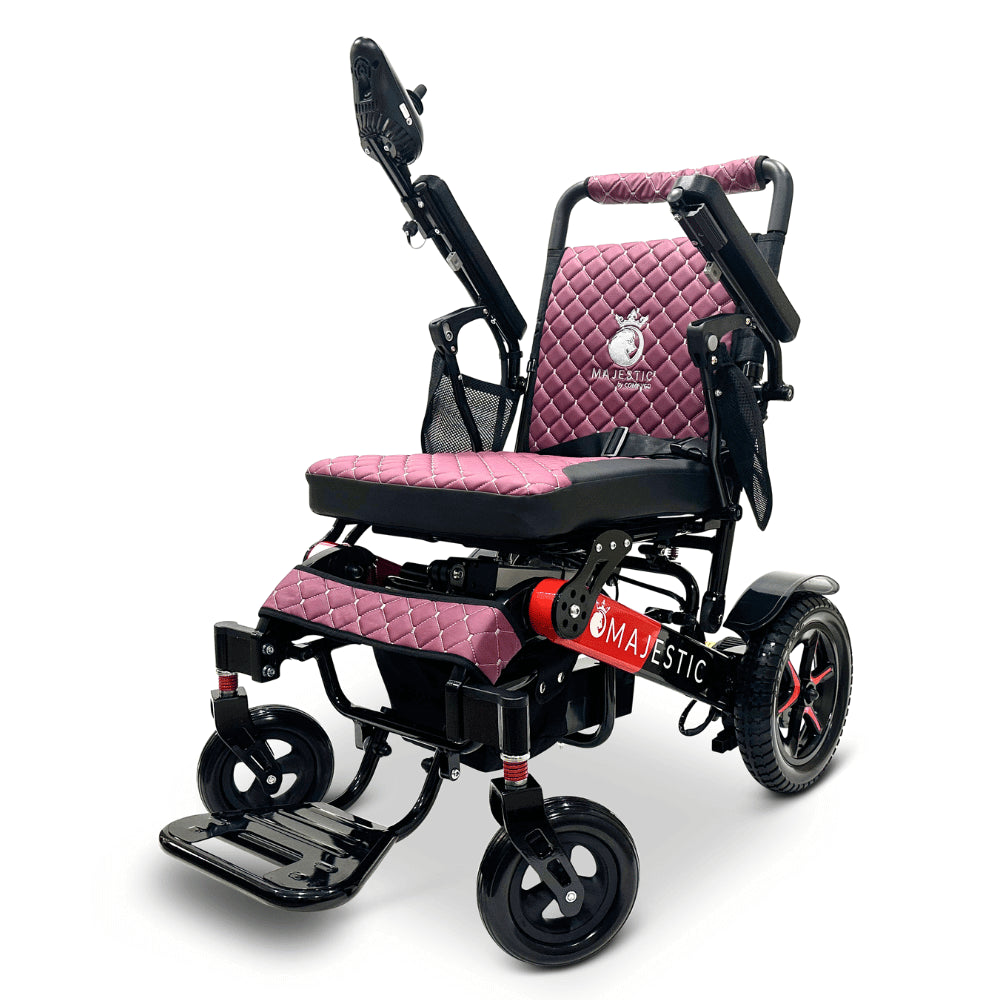 Purple Color Black & Red Frame ComfyGO Majestic IQ-7000 Remote Controlled Electric Wheelchair - Angled View - Auto Folding