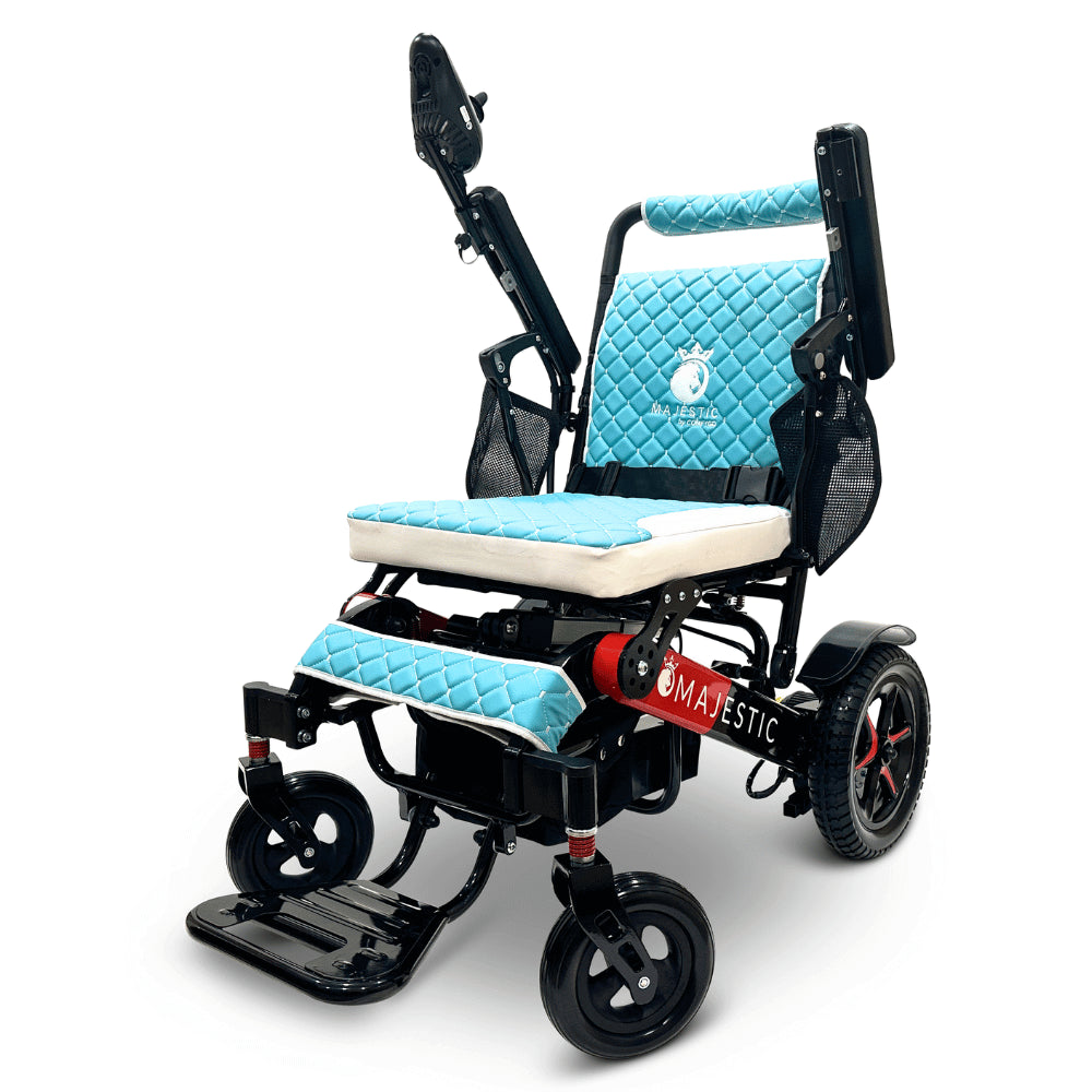 Teal Color Black & Red Frame ComfyGO Majestic IQ-7000 Remote Controlled Electric Wheelchair - Angled View - Auto Folding