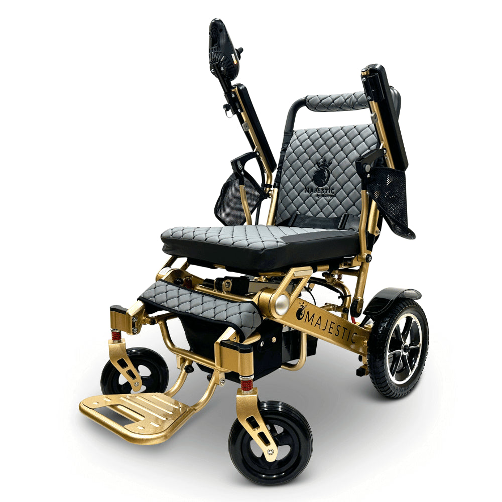 Gray Color Bronze Frame ComfyGO Majestic IQ-7000 Remote Controlled Electric Wheelchair - Angled View - Auto Folding