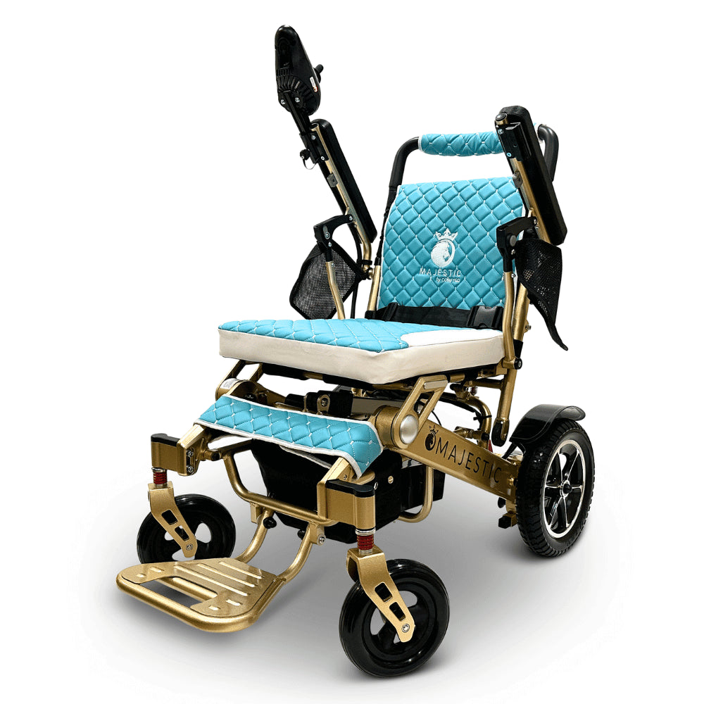 Teal Color Bronze Frame ComfyGO Majestic IQ-7000 Remote Controlled Electric Wheelchair - Angled View - Auto Folding