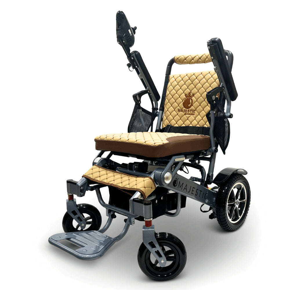 Coffee Color Silver Frame ComfyGO Majestic IQ-7000 Remote Controlled Electric Wheelchair - Angled View - Auto Folding