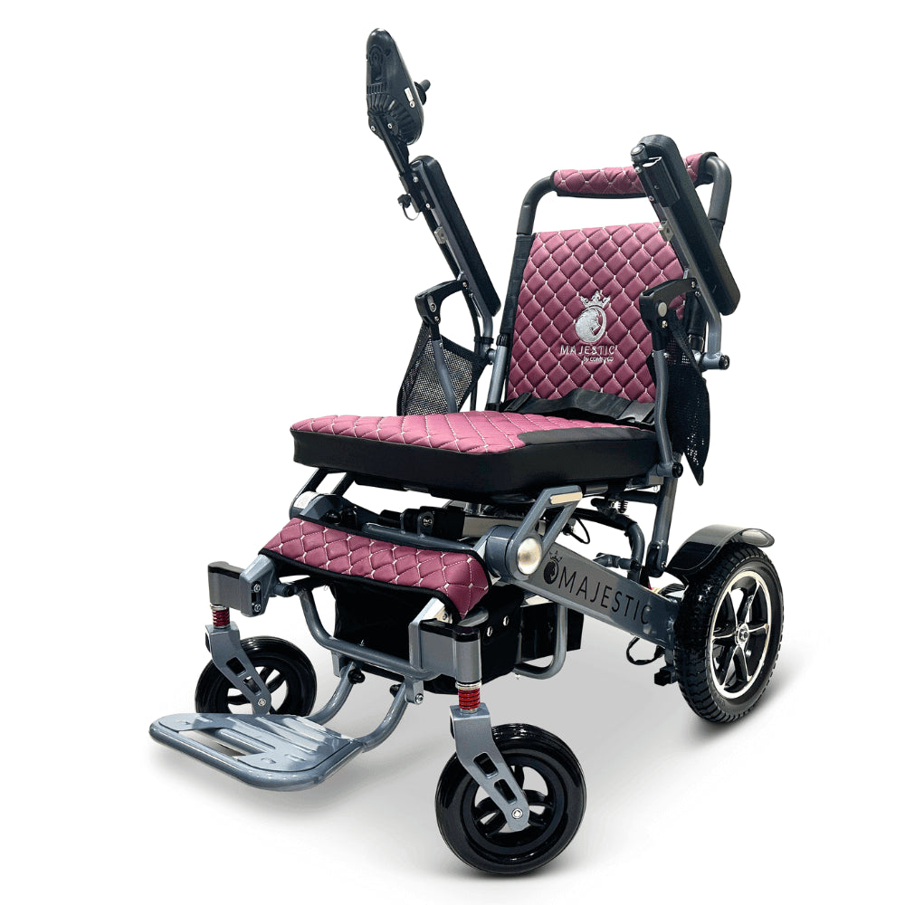 Purple Color Silver Frame ComfyGO Majestic IQ-7000 Remote Controlled Electric Wheelchair - Angled View - Auto Folding