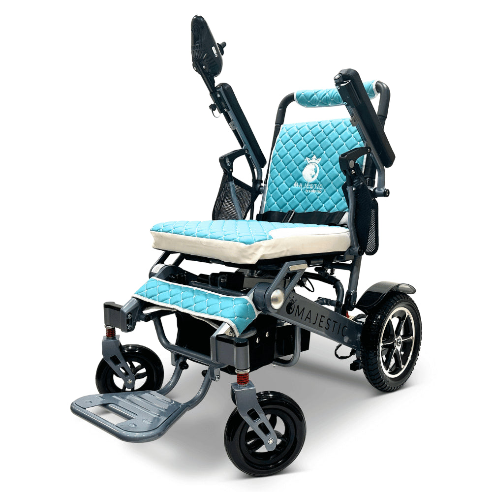 Teal Color Silver Frame ComfyGO Majestic IQ-7000 Remote Controlled Electric Wheelchair - Angled View - Auto Folding