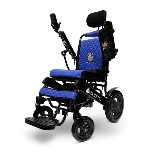 Blue Color Black Frame ComfyGO Majestic IQ-9000 Remote Controlled Foldable Electric Wheelchair - Angled View