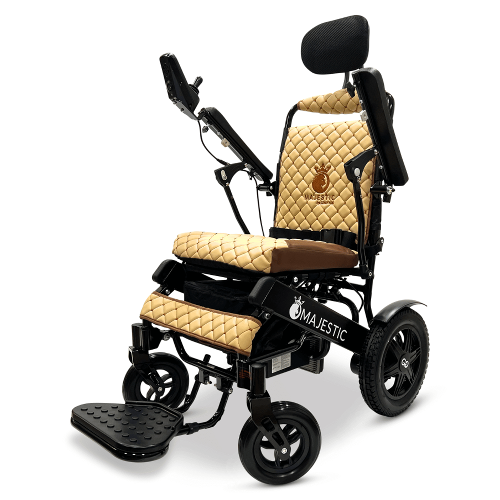 ComfyGO Majestic IQ-9000 Remote Controlled Foldable Electric Wheelchair in Coffee Color Black Frame - Angle View