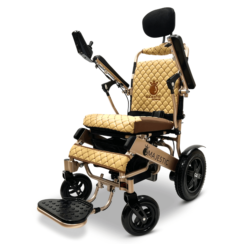 ComfyGO Majestic IQ-9000 Remote Controlled Foldable Electric Wheelchair in Coffee Color Bronze Frame - Angle View