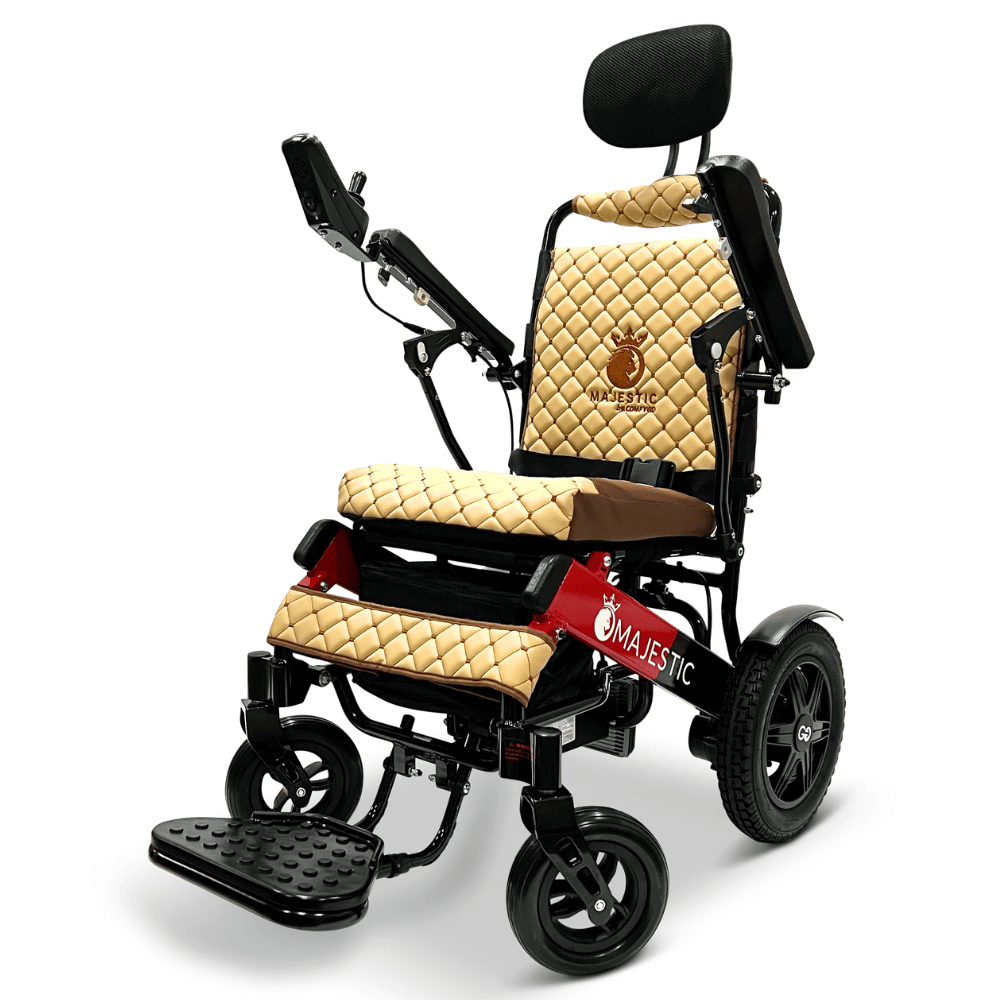 ComfyGO Majestic IQ-9000 Remote Controlled Foldable Electric Wheelchair in Coffee Color Black & Red Frame - Angle View
