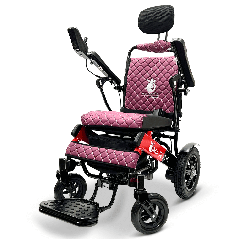 ComfyGO Majestic IQ-9000 Remote Controlled Foldable Electric Wheelchair in Purple Color Black & Red Frame - Angle View