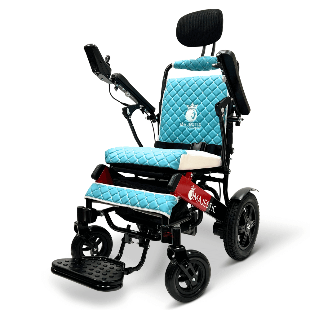 ComfyGO Majestic IQ-9000 Remote Controlled Foldable Electric Wheelchair in Teal Color Black & Red Frame - Angle View