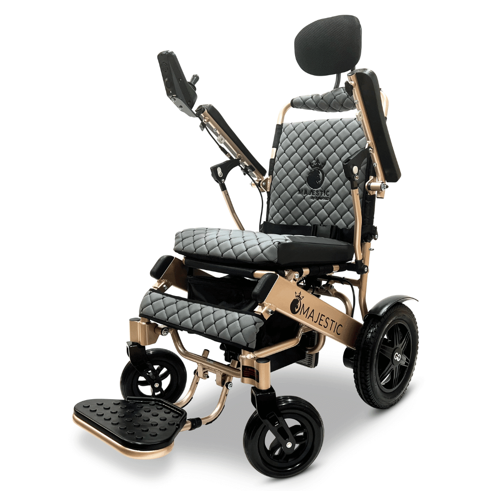 ComfyGO Majestic IQ-9000 Remote Controlled Foldable Electric Wheelchair in Gray Color Bronze Frame - Angle View
