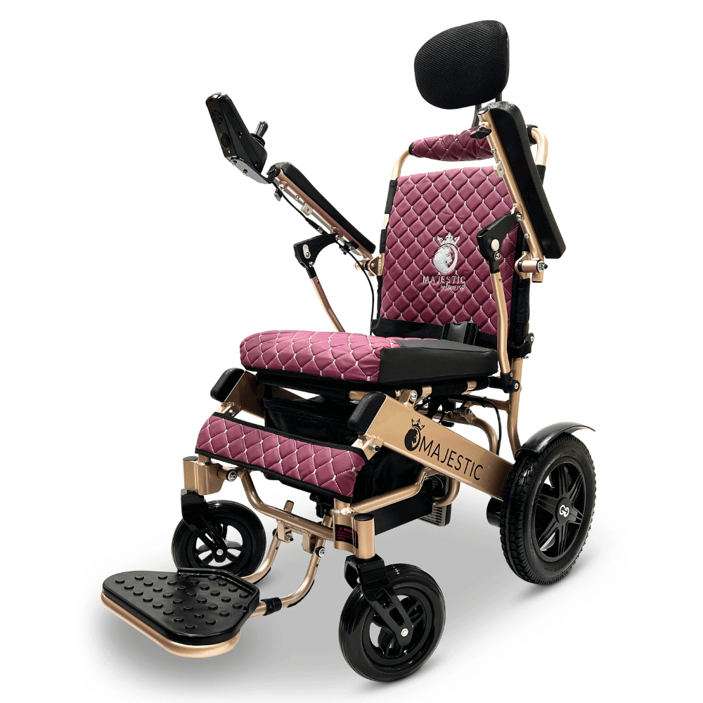 ComfyGO Majestic IQ-9000 Remote Controlled Foldable Electric Wheelchair in Purple Color Bronze Frame - Angle View