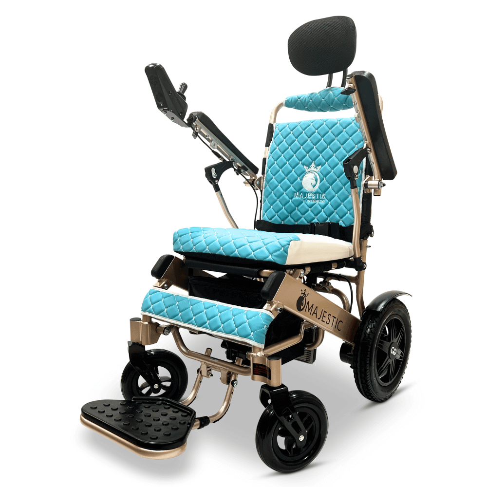 ComfyGO Majestic IQ-9000 Remote Controlled Foldable Electric Wheelchair in Teal Color Bronze Frame - Angle View