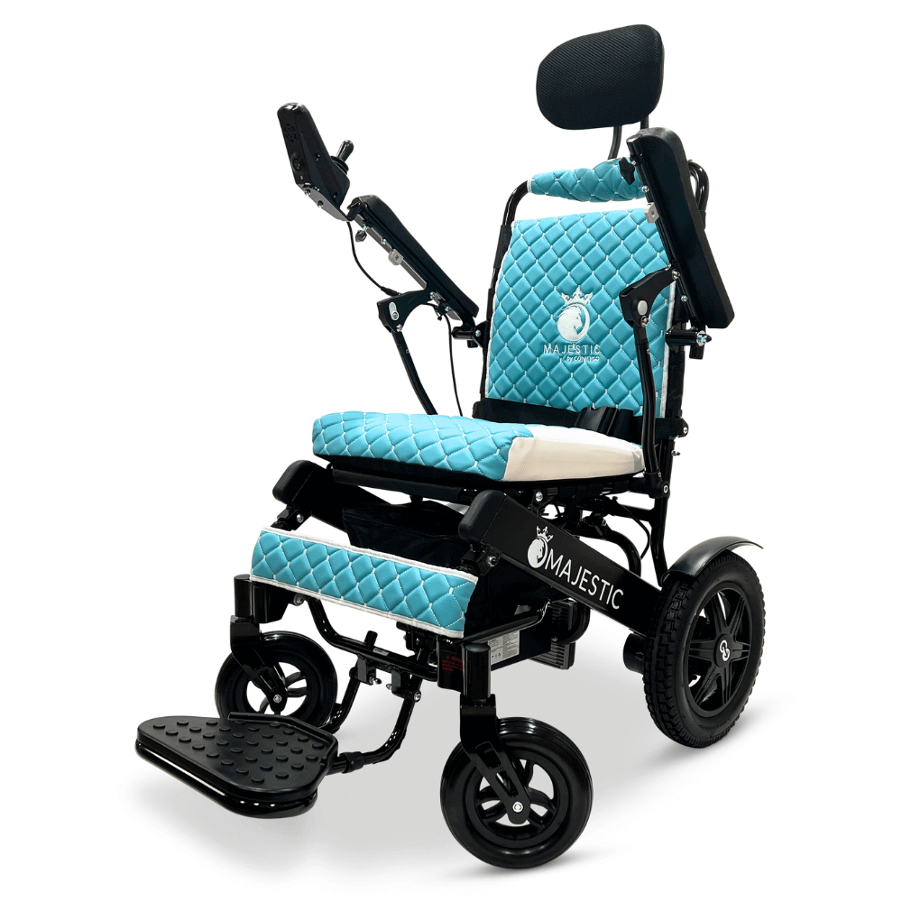 ComfyGO Majestic IQ-9000 Remote Controlled Foldable Electric Wheelchair in Teal Color Silver Frame - Angle View