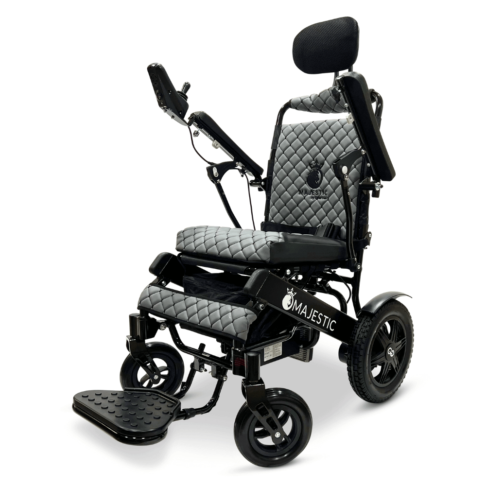 ComfyGO Majestic IQ-9000 Remote Controlled Foldable Electric Wheelchair in Black Color Silver Frame - Angle View