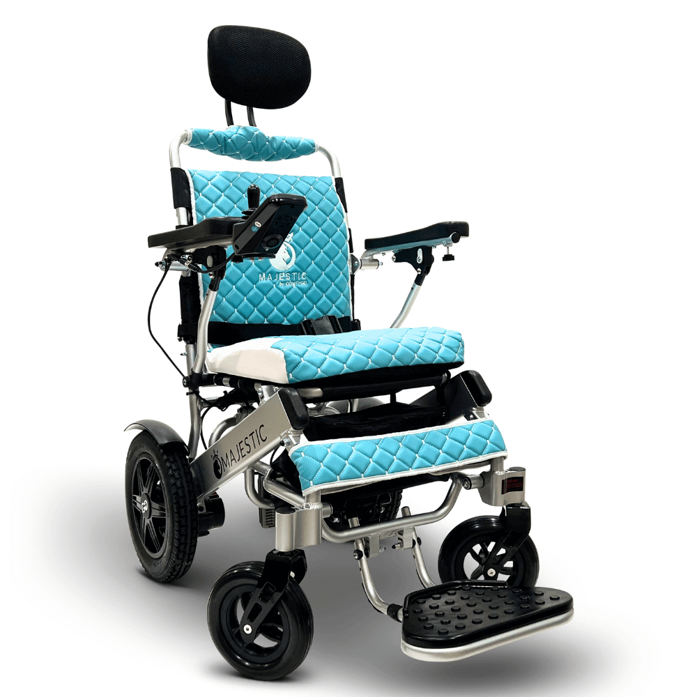 ComfyGO Majestic IQ-9000 Remote Controlled Foldable Electric Wheelchair in Teal Color Silver Frame - Angle View