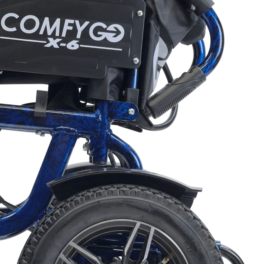 Blue ComfyGO X-6 Lightweight Electric Wheelchair - Rear Side Close-up View