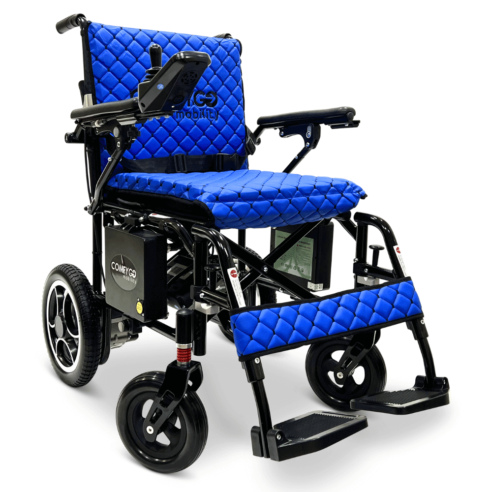 Blue Black Frame ComfyGO X-7 Lightweight Foldable Travel Electric Wheelchair - Angled View