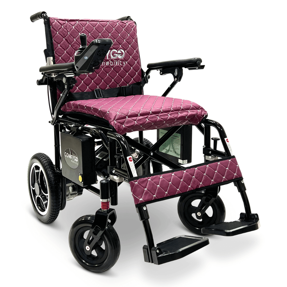 Purple Black Frame ComfyGO X-7 Lightweight Foldable Travel Electric Wheelchair - Angled View