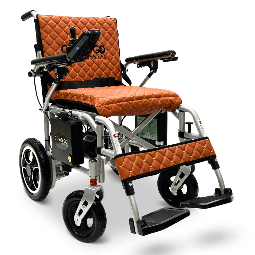 Taba Silver Frame ComfyGO X-7 Lightweight Foldable Travel Electric Wheelchair - Angled View