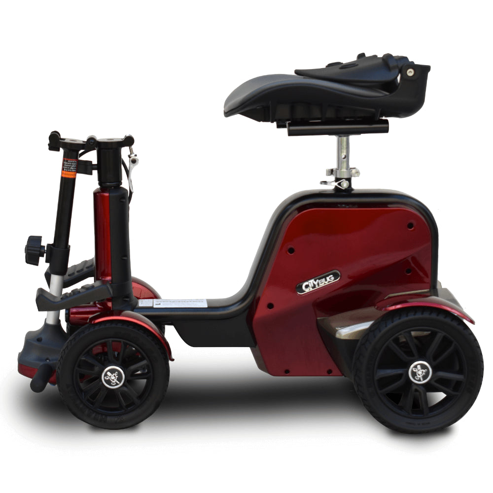Metallic Red EV Rider CityBug Compact Portable 4 Wheel Mobility Scooter Folded Tiller - Side View
