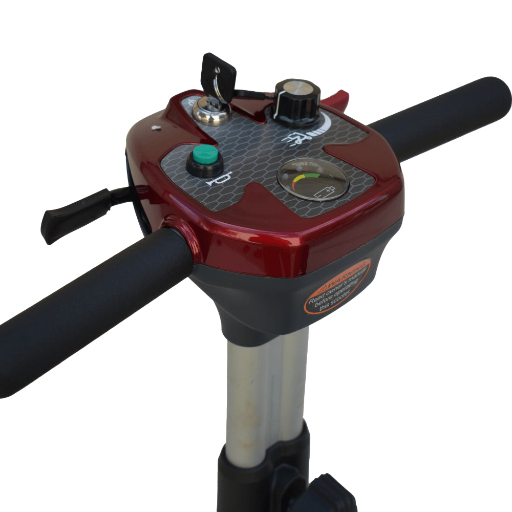Metallic Red EV Rider CityBug Compact Portable 4 Wheel Mobility Scooter - Control Panel Close-up View