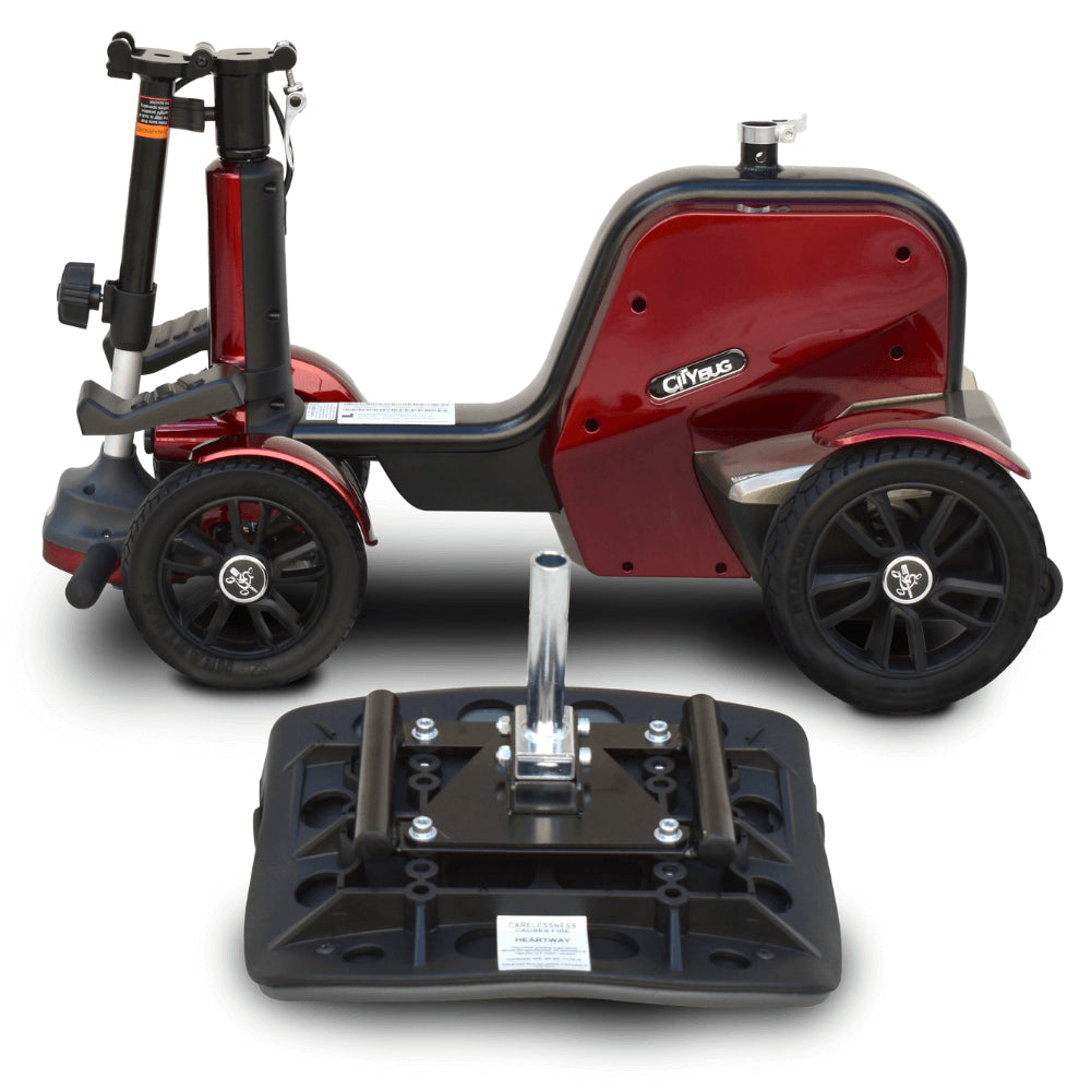 Metallic Red EV Rider CityBug Compact Portable 4 Wheel Mobility Scooter - Chair removed and Tiller Folded