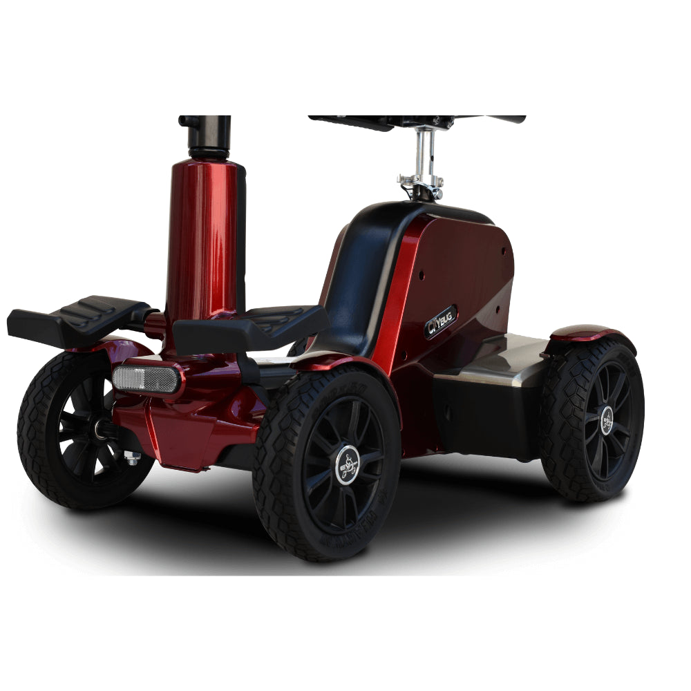 Metallic Red EV Rider CityBug Compact Portable 4 Wheel Mobility Scooter - Base Close-up View