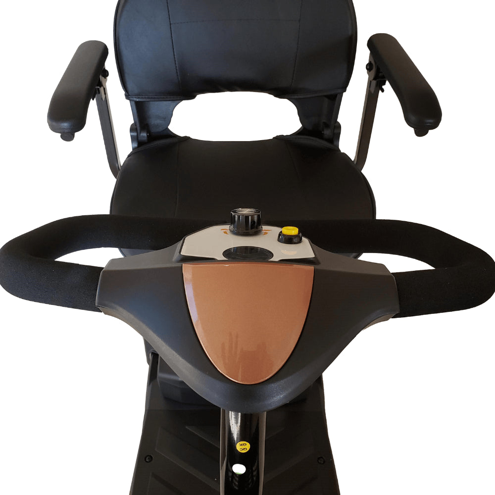 Rose Gold EV Rider MiniRider Lite Travel Mobility Scooter - Tiller View