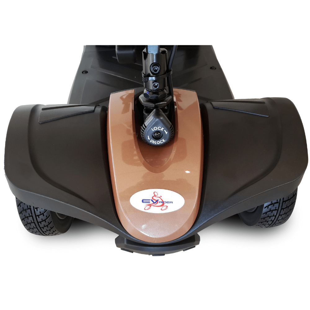 Rose Gold EV Rider MiniRider Lite Travel Mobility Scooter - Front Close-up View