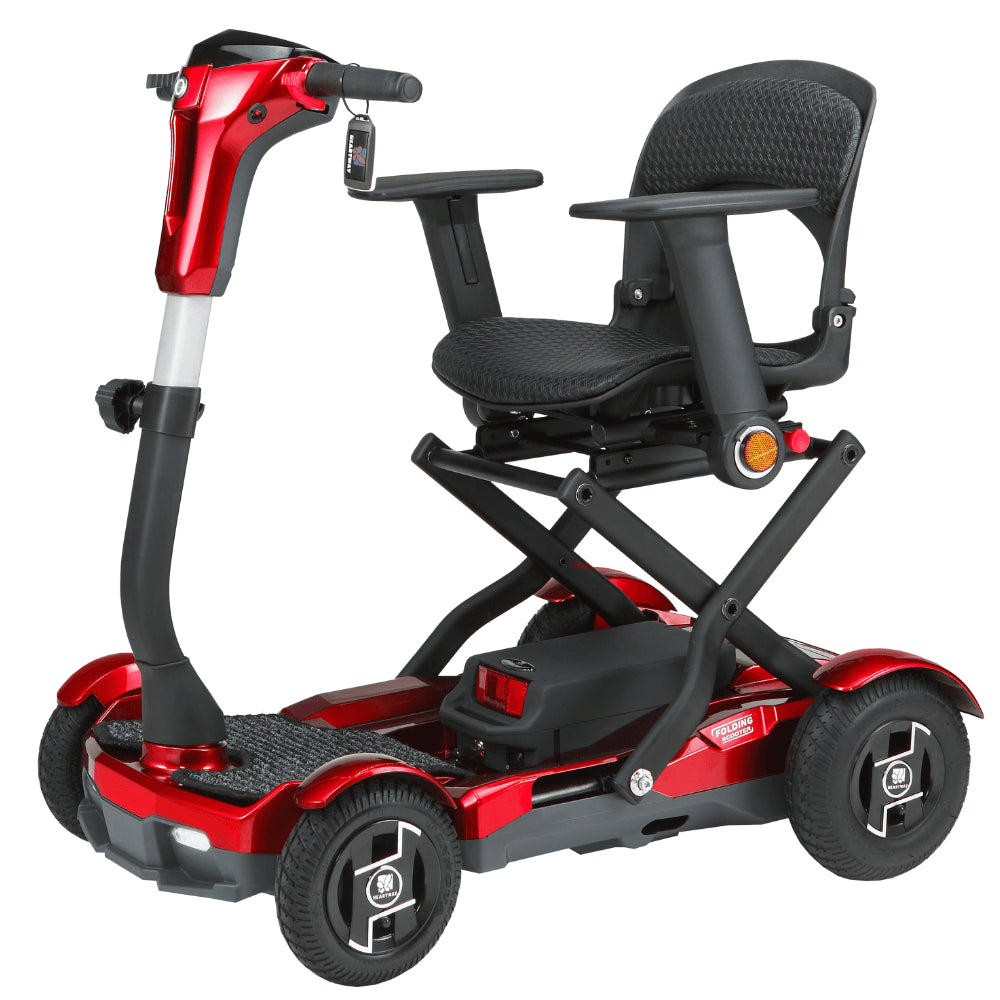 Metallic Red EV Rider TeQno Automatic Folding Mobility Scooter - Angled View