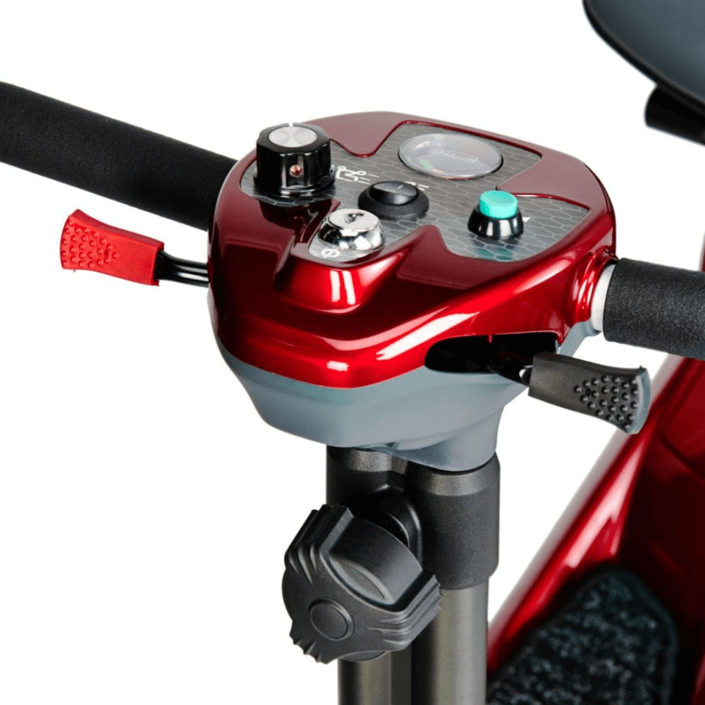 Red EV Rider Transport AF+ Automatic Folding Mobility Scooter - Throttle Close-up View