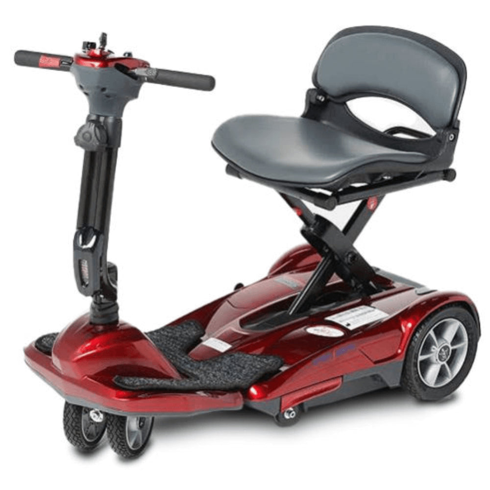 Red EV Rider Easy Move Folding Travel Scooter Open Box - Angled View