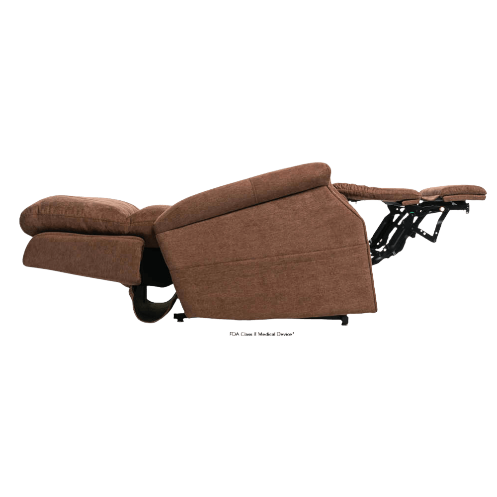 Fully Reclined Saville Brown Pride Mobility Vivalift Metro 2 PLR-925 Lift Chair with Extended Footrest Side View