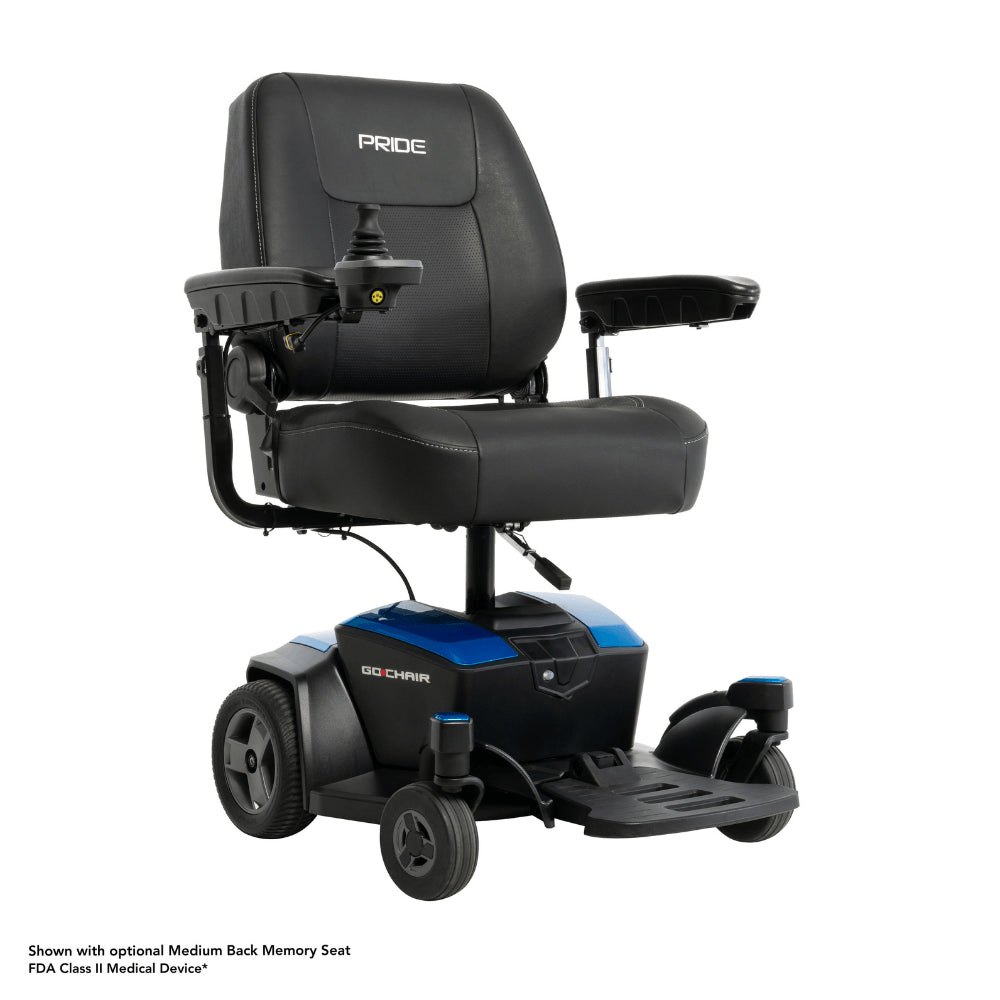 Sapphire Blue Color High Back Seat Pride Go Chair® Portable Disassembling Power Wheelchair - Angled View