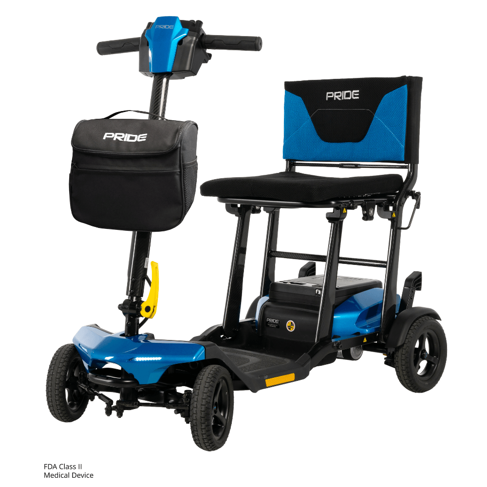 Pride Go Go® Super Portable Mobility Scooter in True Blue Color - Angled View