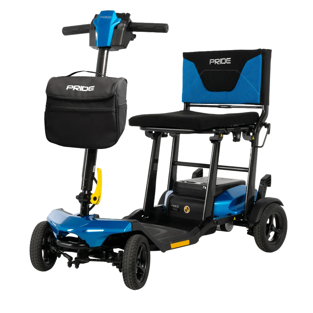 Pride Go Go® Super Portable Mobility Scooter in True Blue Color - Angled View