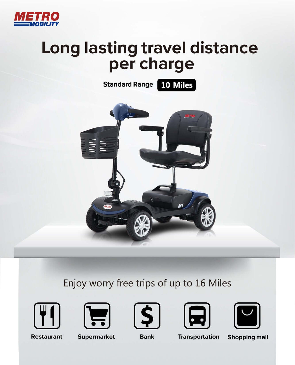 Metro Mobility M1 Portable 4-Wheel Mobility Scooter - Angled View