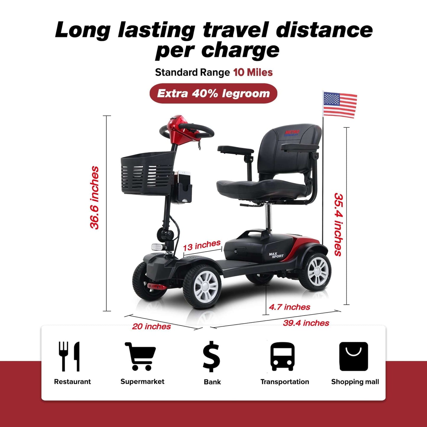 Metro Mobility Max Sport Portable Travel Mobility Scooter - Dimensions Display - Long Travel Range