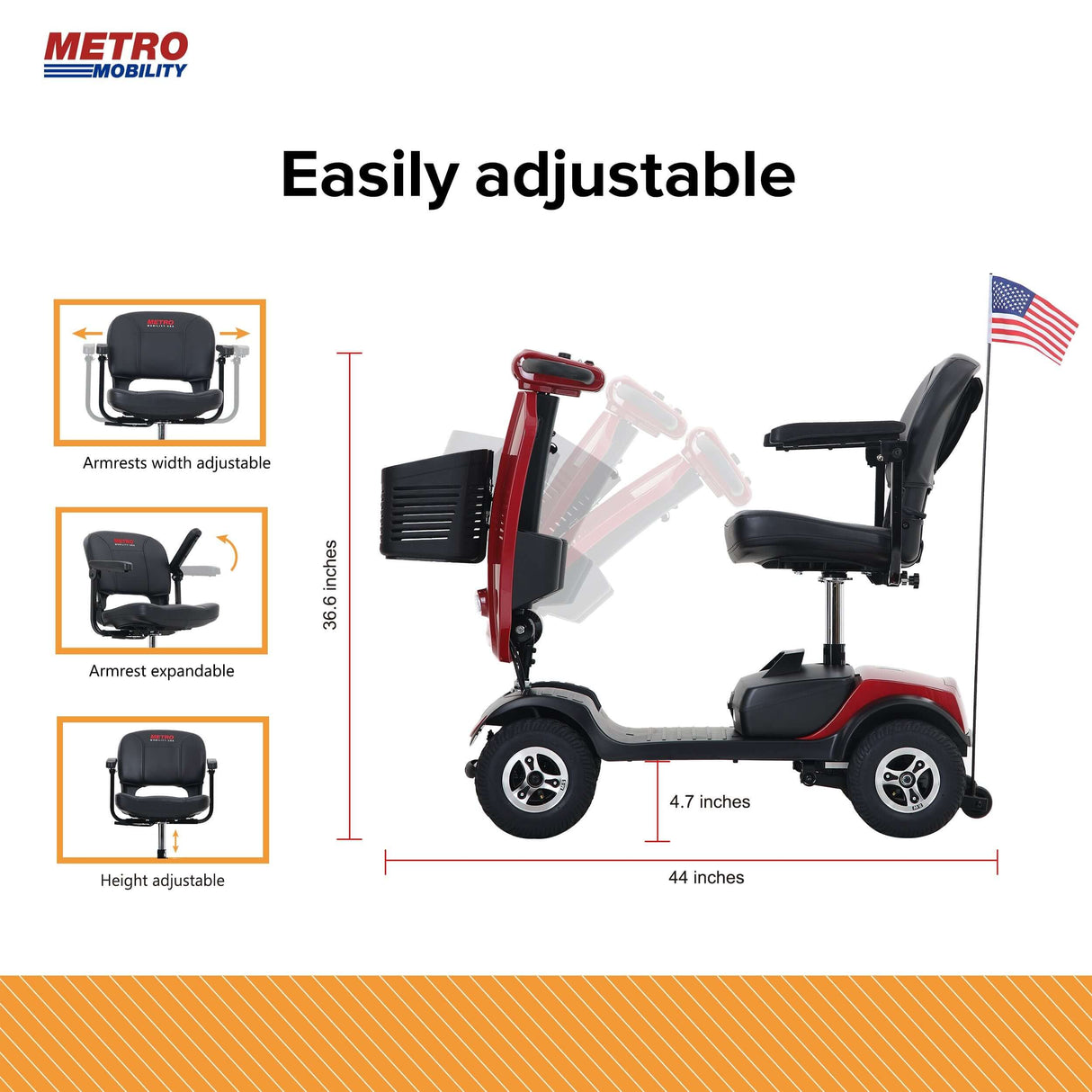 Red Metro Mobility Patriot 4-Wheel Travel Mobility Scooter - Easily Adjustable