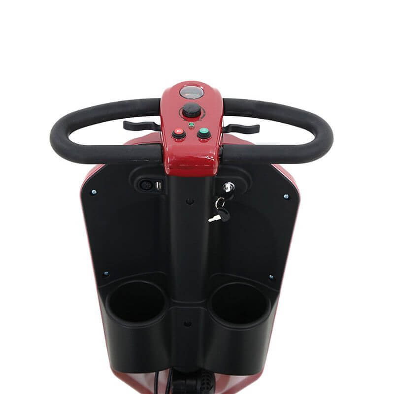 Red Metro Mobility Patriot 4-Wheel Travel Mobility Scooter - Tiller Close-up View