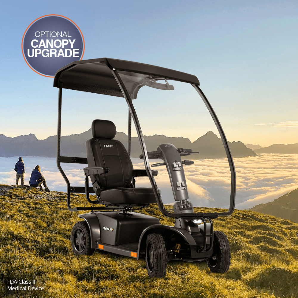 Pride Pursuit 2 Outdoor Mobility Scooter in Matte Gray Color - with Canopy - Lifestyle View