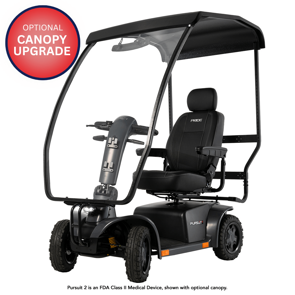 Pride Pursuit 2 Outdoor Mobility Scooter in Matte Gray Color - Angled View - Canopy