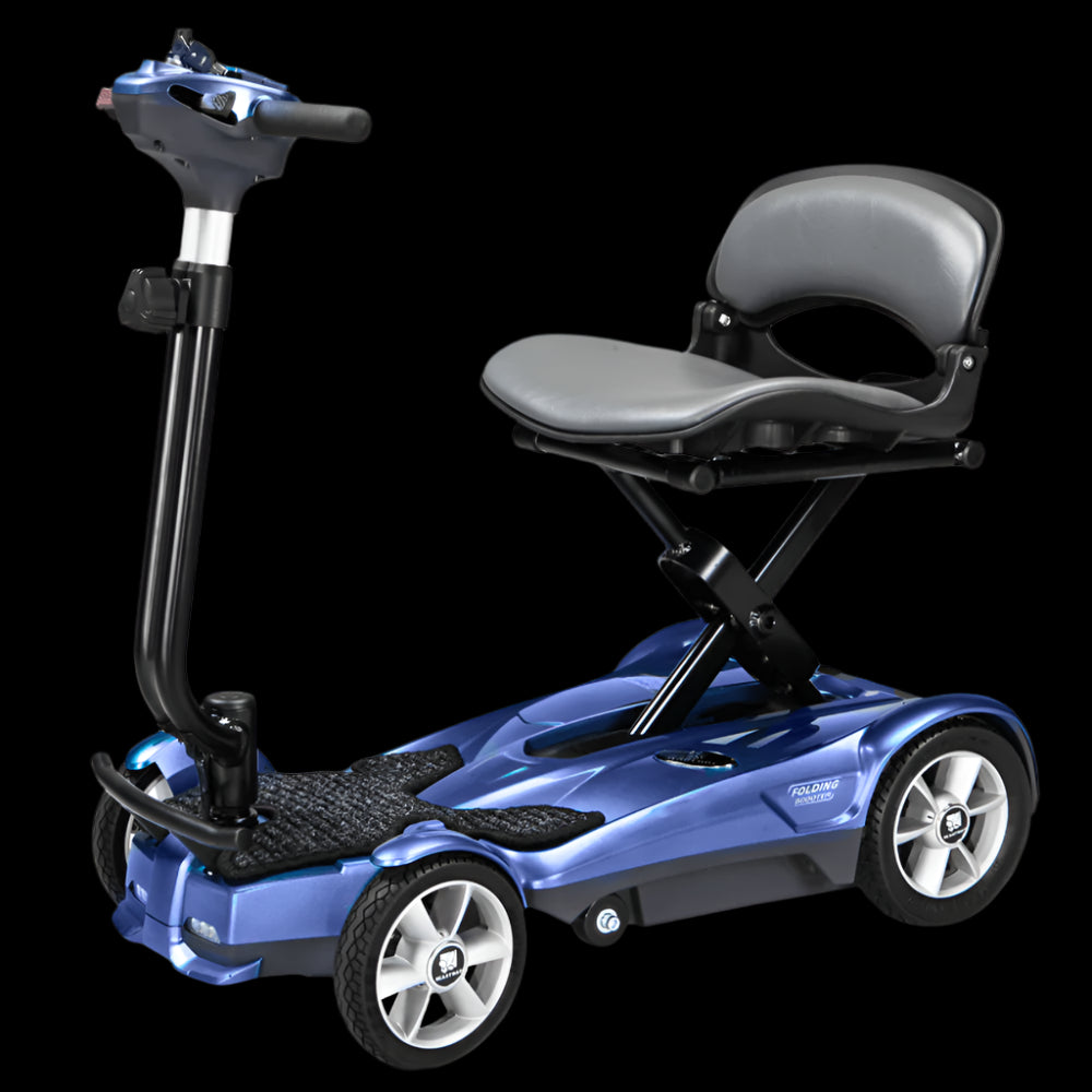 Saphire Blue EV Rider Auto Fold Transport 4AF Mobility Scooter - Open Box Angled View