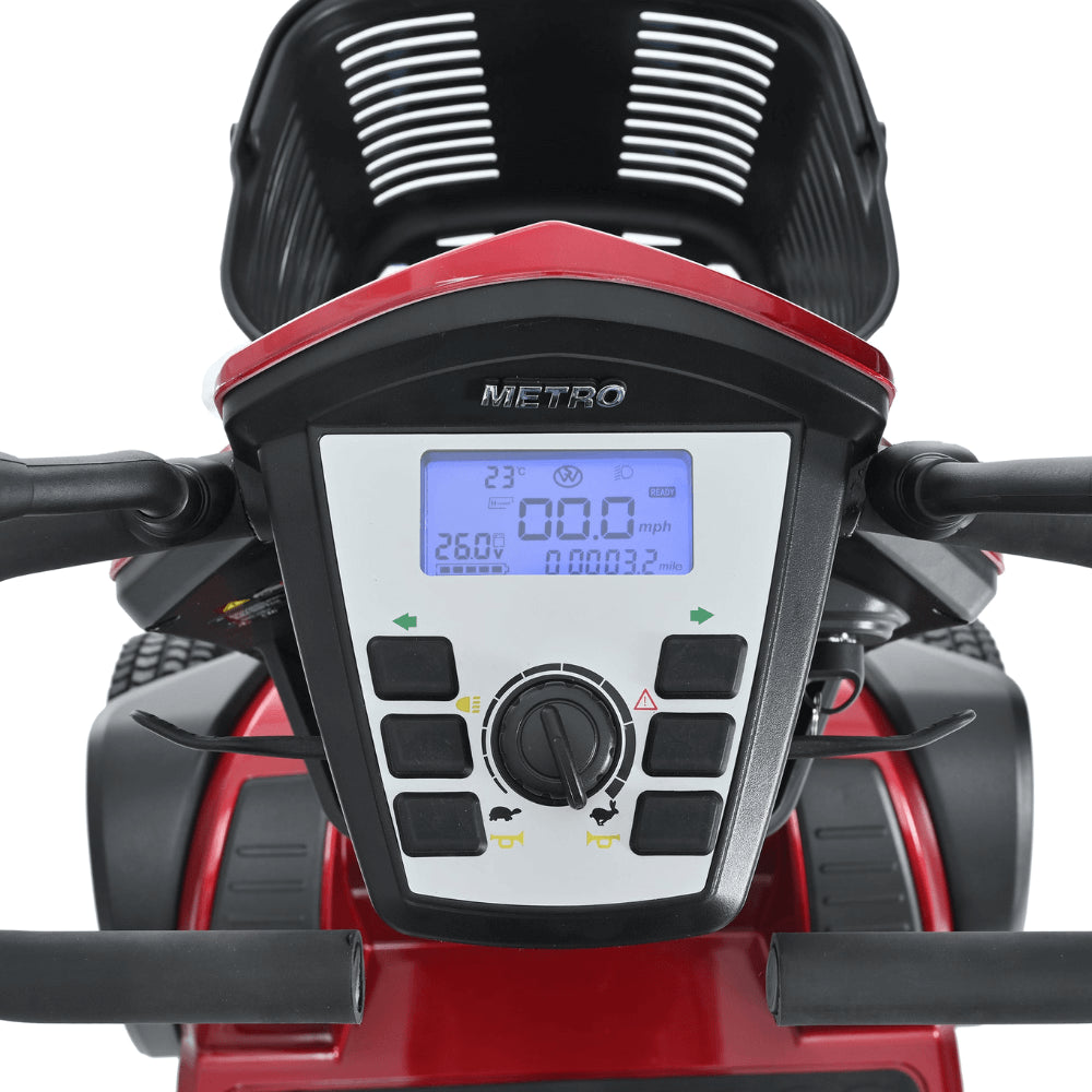 Red Metro Mobility S500 4-Wheel Mobility Scooter - Control Panel Close-up View