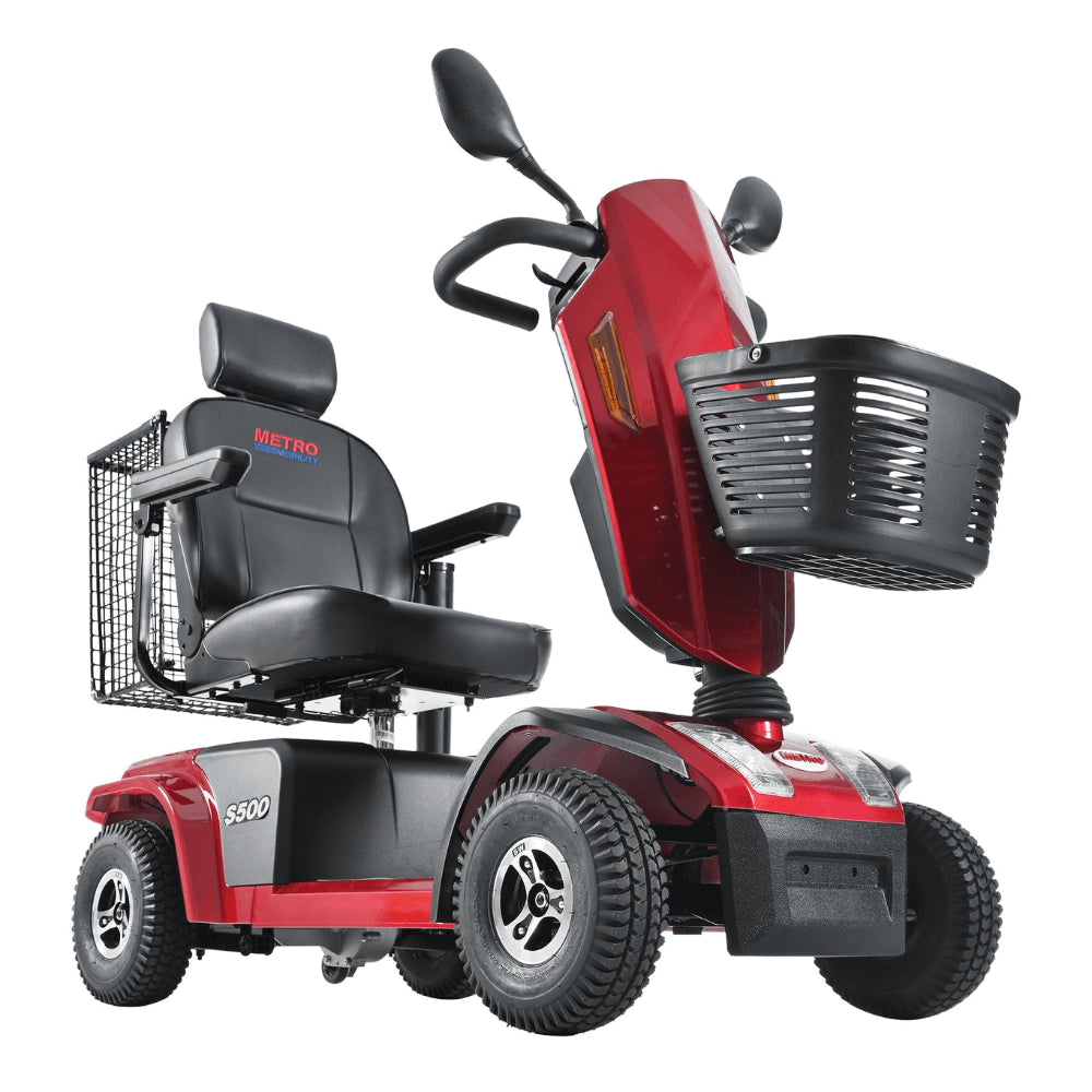 Red Metro Mobility S500 4-Wheel Mobility Scooter - Right Angled View