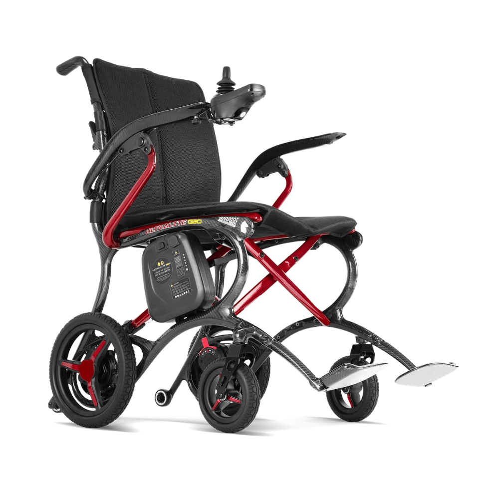 Forcemech Ultralite G20 Carbon Fiber Power Wheelchair in red color - Angled View